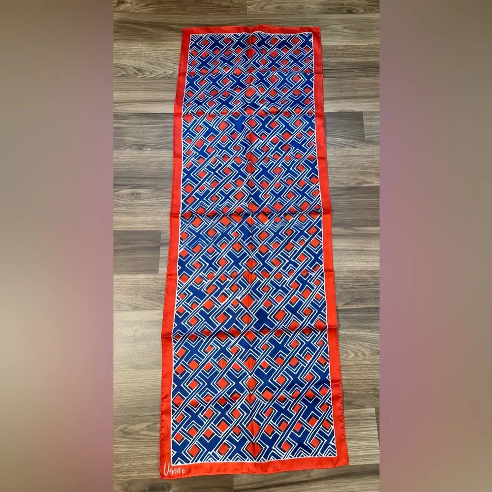 Vera Rectangular Geo Abstract Red White Blue Vintage Scarf Japan 44”x15 1/2”